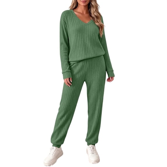 Women's Ribbed Brushed 2 Piece Outfits V Neck Long Sleeve Top Jogger Pants Set Elastic Waist Loose Fit Fall Winter Casual Lounge Tracksuit Green