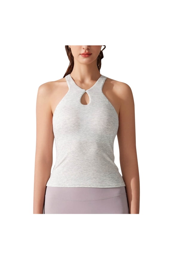 Women's Ribbed Built in Bra Halter Top Summer Soft Racerback Keyhole Cut Out Neck Tank Top Slimming Sleeveless Cami Tank White