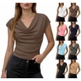 thumbnail image 1 of Women’s Ribbed Cap Sleeve Cowl Neck Top Casual Slim Fit Short Sleeve Shirt Soft Stretch Knit Blouse for Work Office Daily Wear, 1 of 5