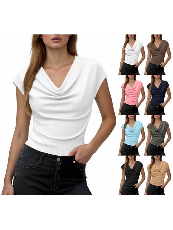 Women’s Ribbed Cap Sleeve Cowl Neck Top Casual Slim Fit Short Sleeve Shirt Soft Stretch Knit Blouse for Work Office Daily Wear