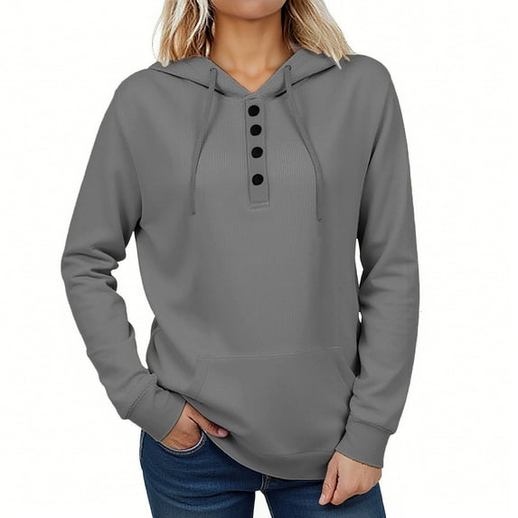 Women's Ribbed Casual Hoodies - Button Up Pullover Long Sleeve Sweatshirt Loose 2025 Fall Hooded Sweaters Tunic Tops