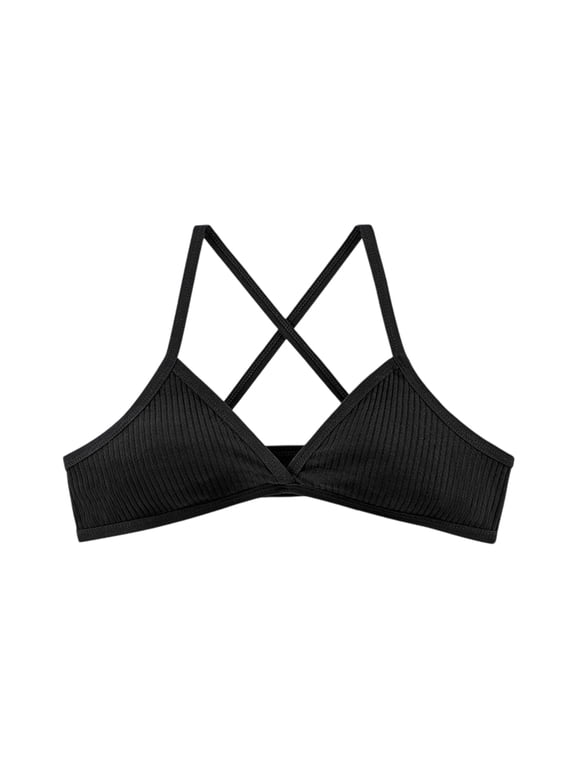 Women's Ribbed Cotton Wirefree Yoga Bra Unlined V Neck Triangular Cups Crosses Back Design Bralette For Gym Workouts