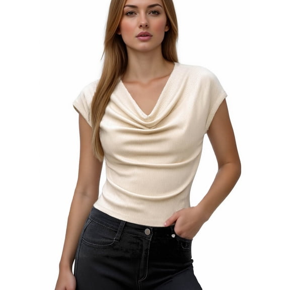 Women's Ribbed Cowl Neck Shirt Short Sleeve Slim Fitted Top Solid Color Fashionable Casual Tee Top for Dating,L,Beige
