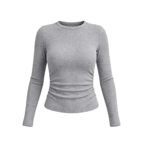 Women's Ribbed Crew Neck Long Sleeve Top Ghalytn Side Ruched Fitted Slim Casual Basic Tee