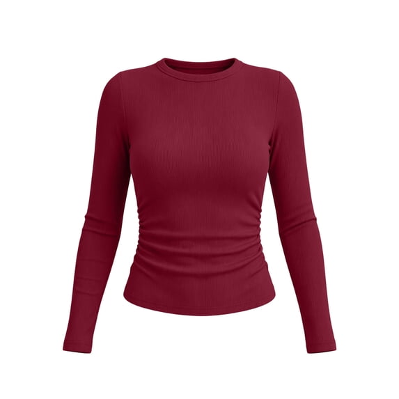 Women's Ribbed Crew Neck Long Sleeve Top Ghalytn Side Ruched Fitted Slim Casual Basic Tee