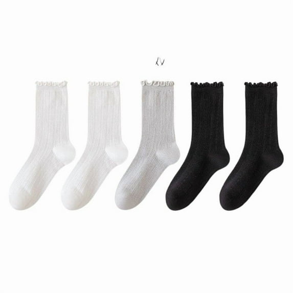 Women's Ribbed Crew Socks with Ruffle Lettuce Trim Soft Stretch Knit Comfortable Everyday 5-Pack - One Size Fits Most, Black Gray White