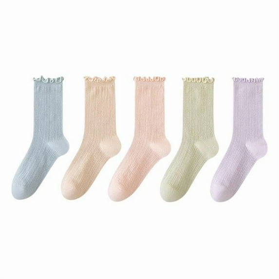 Women's Ribbed Crew Socks with Ruffle Lettuce Trim Soft Stretch Knit Comfortable Everyday 5-Pack - One Size Fits Most, Multicolor