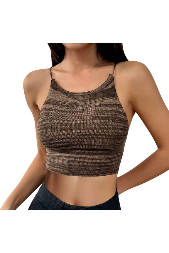 Women's Ribbed Crop Tank Top Seamless Padded Racerback Spaghetti Strap Cami Workout Sports Cropped Tops