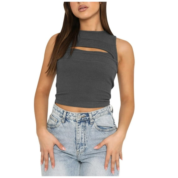 Women's Ribbed Crop Tank Tops Round Neck Cutout Sleeveless Blouses Casual Slim Fit Going out Summer Tee Shirt Ladies Clothes
