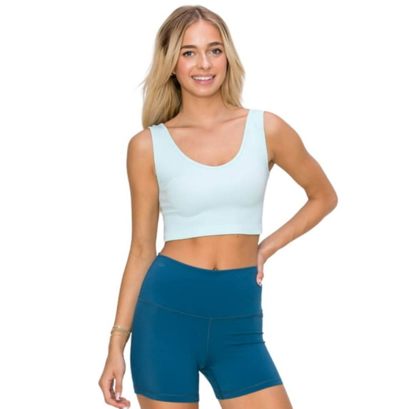 Women’s Ribbed Cropped Tank Top - Deep Scoop -Baby Blue, ML