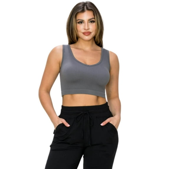 Women’s Ribbed Cropped Tank Top - Deep Scoop -Charcoal, SM