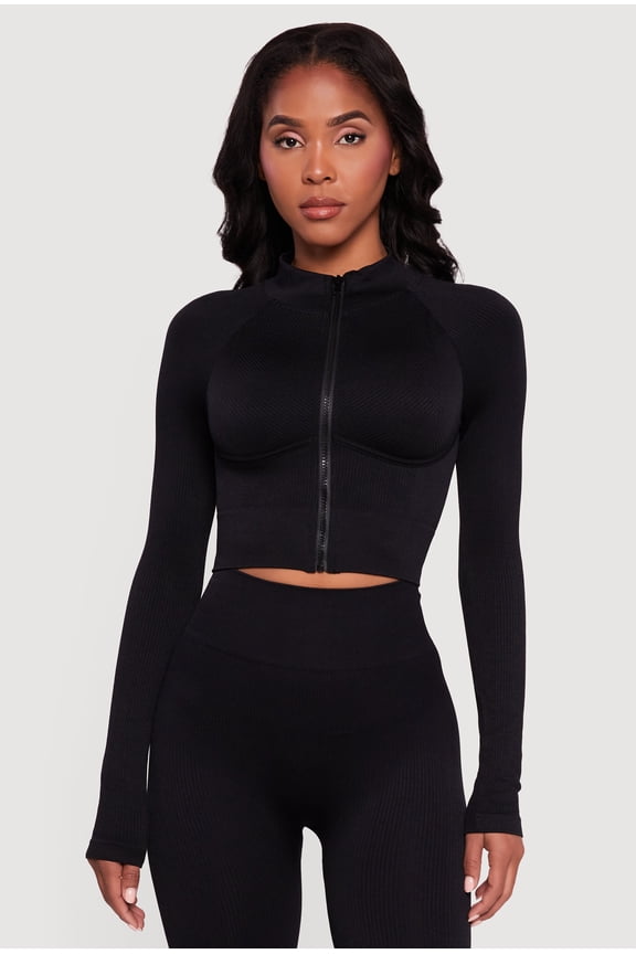 Women's Ribbed Cropped Zip Front Active Jacket