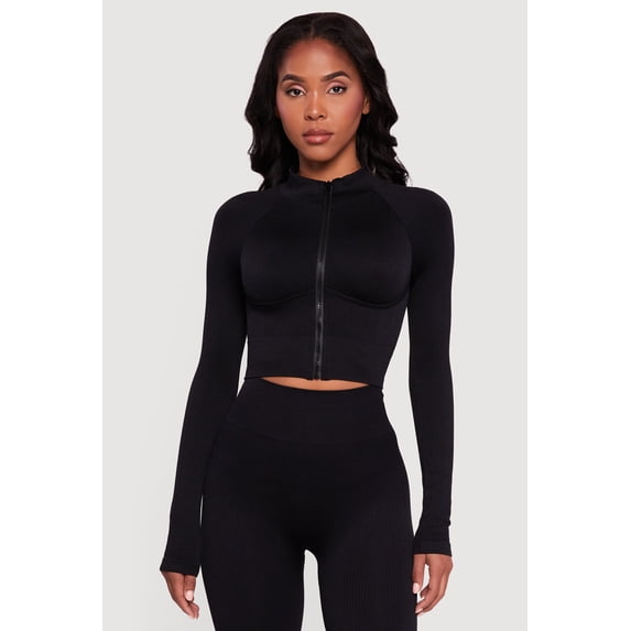 Women's Ribbed Cropped Zip Front Active Jacket