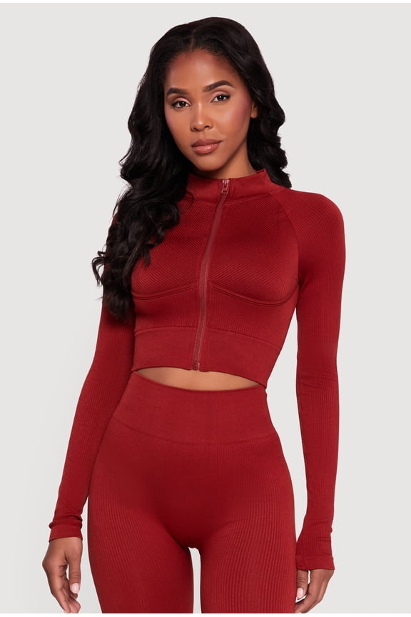 Women's Ribbed Cropped Zip Front Active Jacket