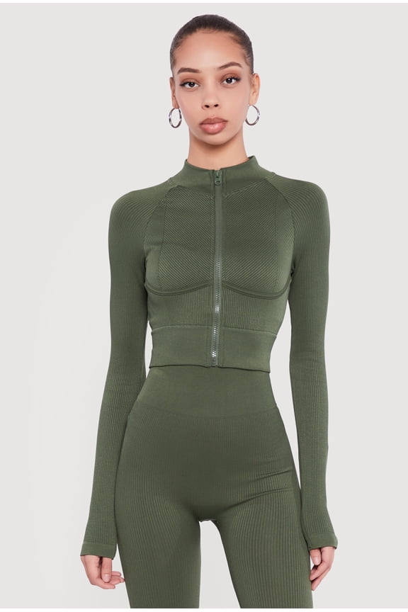 Women's Ribbed Cropped Zip Front Active Jacket
