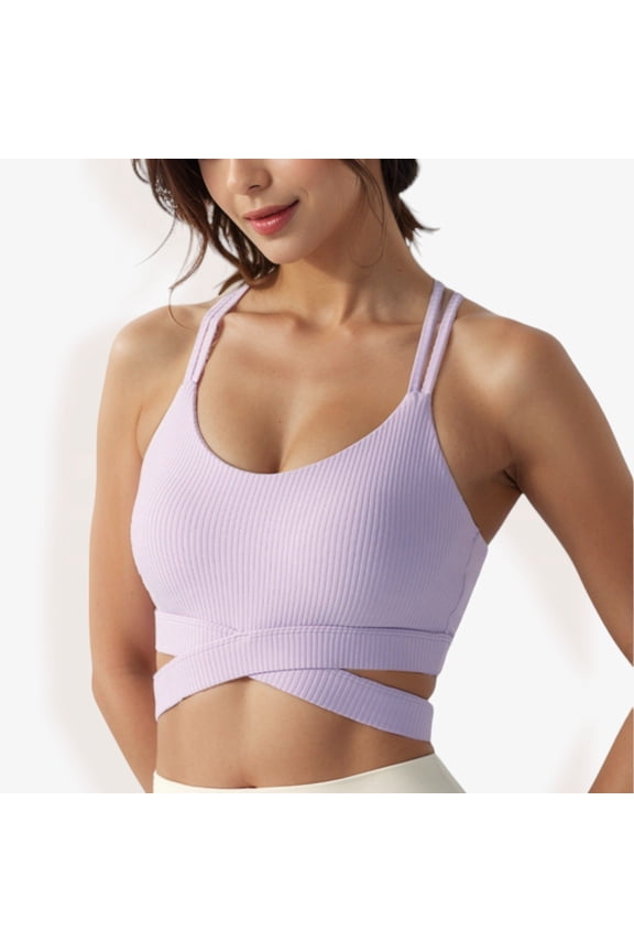 Women's Ribbed Cross Strap Sports Bra with Double Strap Detail