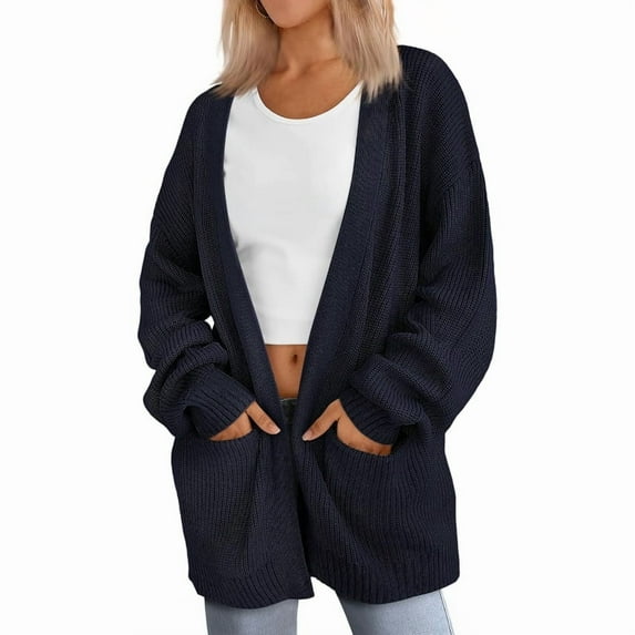Women's Dark Blue Ribbed Knit Bolero Open-Front Cardigan - Long Sleeve Slim-Fit Wrinkle-Resistant with Pockets M