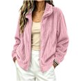 thumbnail image 1 of Women's Ribbed Fleece Zip Up Jacket Stand Collar Long Sleeve Soft Warm Plush Coat with Pockets Casual Loose Fit Fall Winter Outerwear Pink, 1 of 6