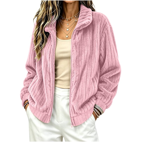 Women's Ribbed Fleece Zip Up Jacket Stand Collar Long Sleeve Soft Warm Plush Coat with Pockets Casual Loose Fit Fall Winter Outerwear Pink