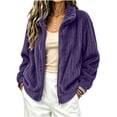 thumbnail image 1 of Women's Ribbed Fleece Zip Up Jacket Stand Collar Long Sleeve Soft Warm Plush Coat with Pockets Casual Loose Fit Fall Winter Outerwear Purple, 1 of 6