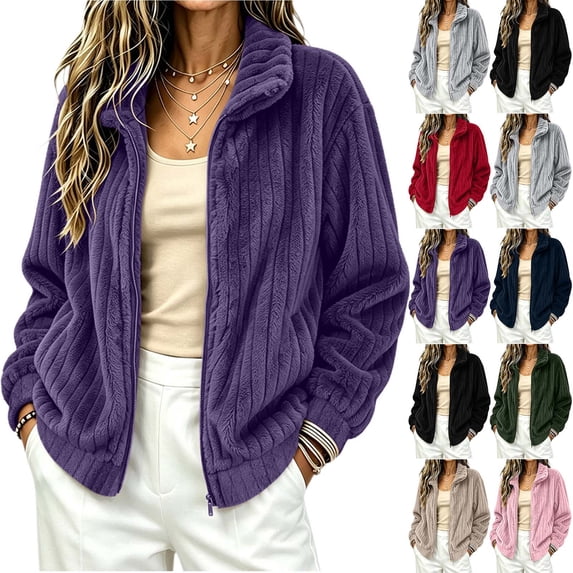 Women's Ribbed Fleece Zip Up Jacket Stand Collar Long Sleeve Soft Warm Plush Coat with Pockets Casual Loose Fit Fall Winter Outerwear Red