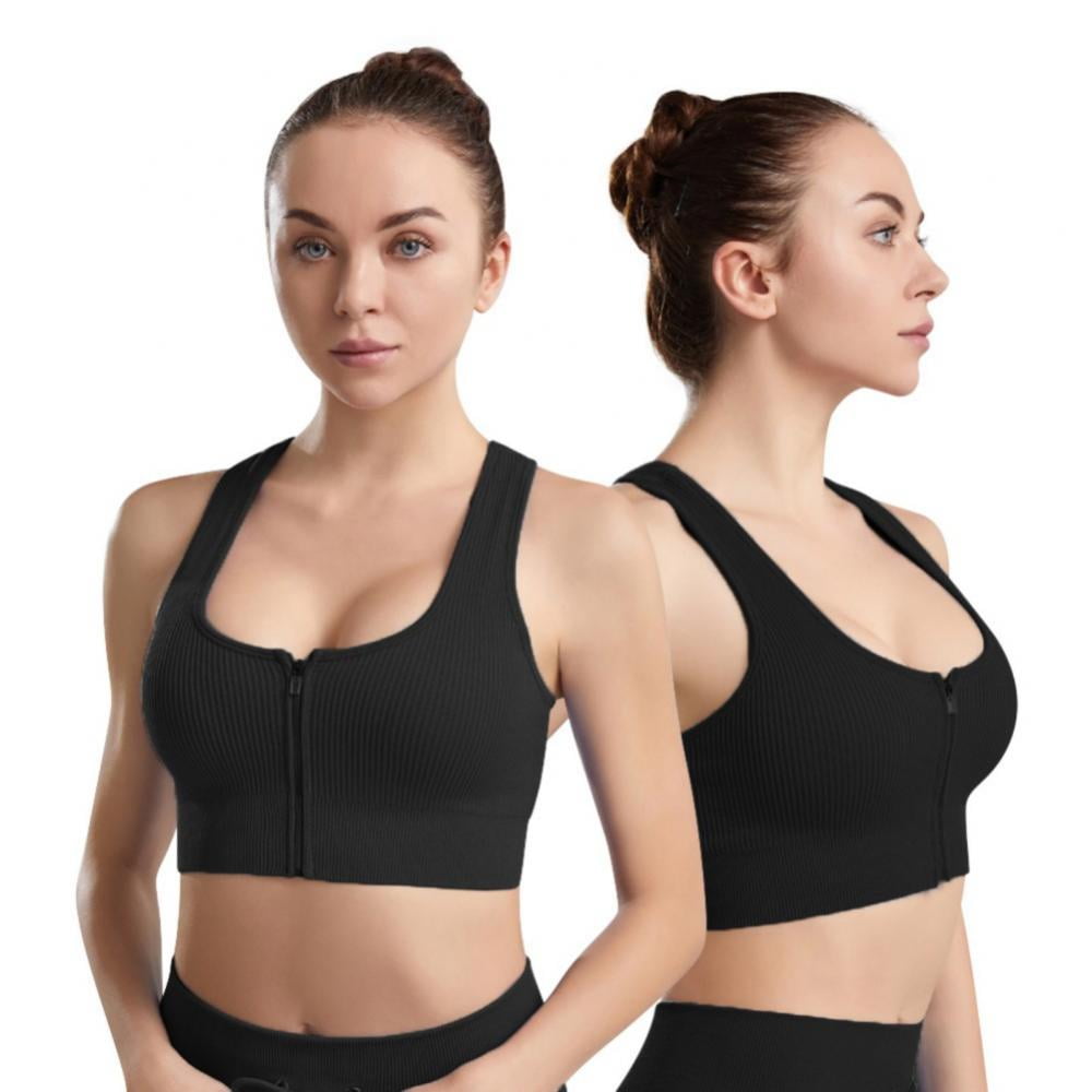 Women's Ribbed Front Zipper Closure Sports Bras Wirefree Running