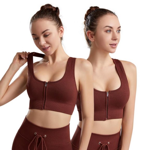 Women's Ribbed Front Zipper Closure Sports Bras Wirefree Running Bra Padded Racerback Push up Tank Top Workout Gym Yoga Bras,Coffee S