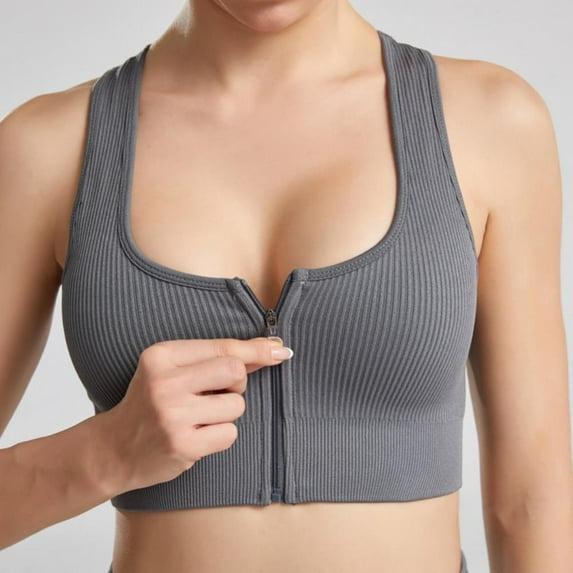 Women's Ribbed Front Zipper Closure Sports Bras Wirefree Running Bra Padded Racerback Push up Tank Top Workout Gym Yoga Bras,Gray S