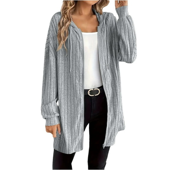 Women's Ribbed Full Zip Jacket with Hood Casual Fashion Mid-length Drawstring Coat Cotton Knit Sweater Cardigans (XL, Gray)