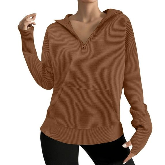 Women's Ribbed Half Zip Stand Collar Hoodless Sweater, Autumn Winter Solid Color Knit Pullover Top with Soft Comfort Fabric for Casual Daily Wear, Street Fashion and Versatile Outfits Coffee M