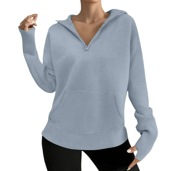 Women's Ribbed Half Zip Stand Collar Hoodless Sweater, Autumn Winter Solid Color Knit Pullover Top with Soft Comfort Fabric for Casual Daily Wear, Street Fashion and Versatile Outfits Light Blue S
