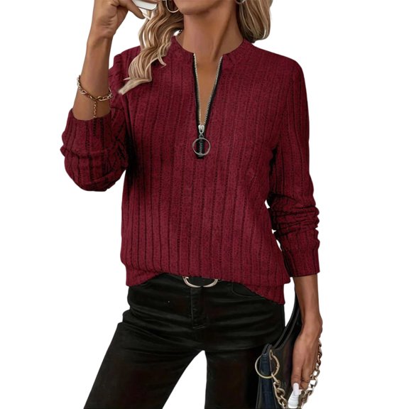Women's Ribbed Half-Zip Sweater Top Casual Lightweight Long Sleeve Knit Shirts Top