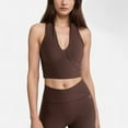thumbnail image 1 of Women's Ribbed Halter Crop Tank Top with Deep V Neckline Seam Detailing - Brown, Small, 1 of 6