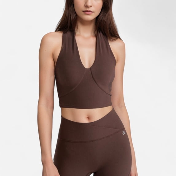 Women's Ribbed Halter Crop Tank Top with Deep V Neckline Seam Detailing - Brown, Small