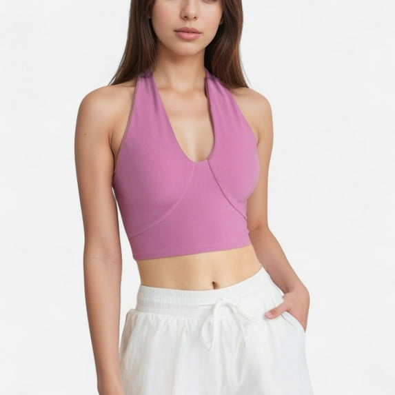 Women's Ribbed Halter Crop Tank Top with Deep V Neckline Seam Detailing - Mauve Pink, Small