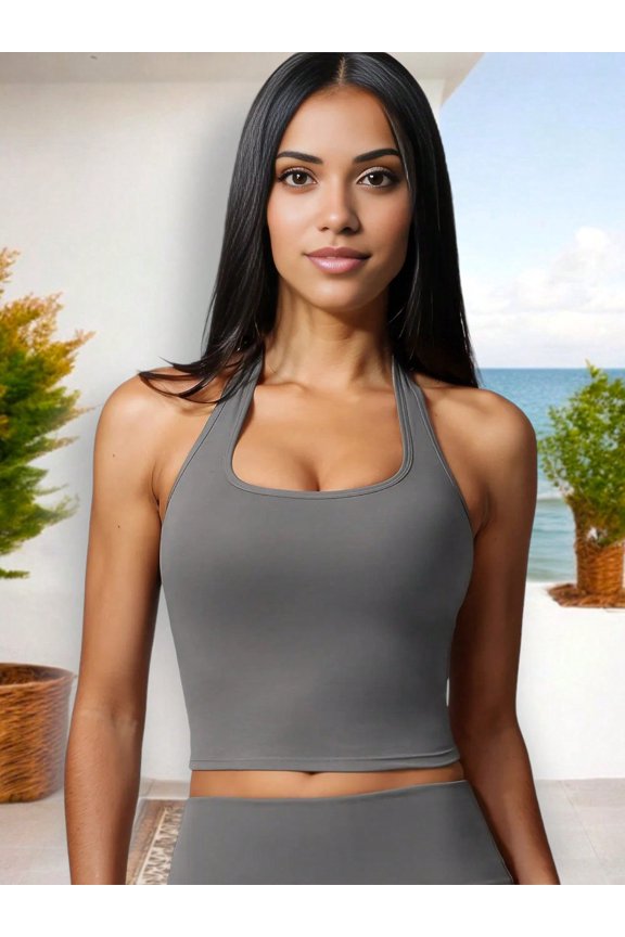 Women's Ribbed Halter Neck Sports Bra with Built-In Bra- Small, Gray