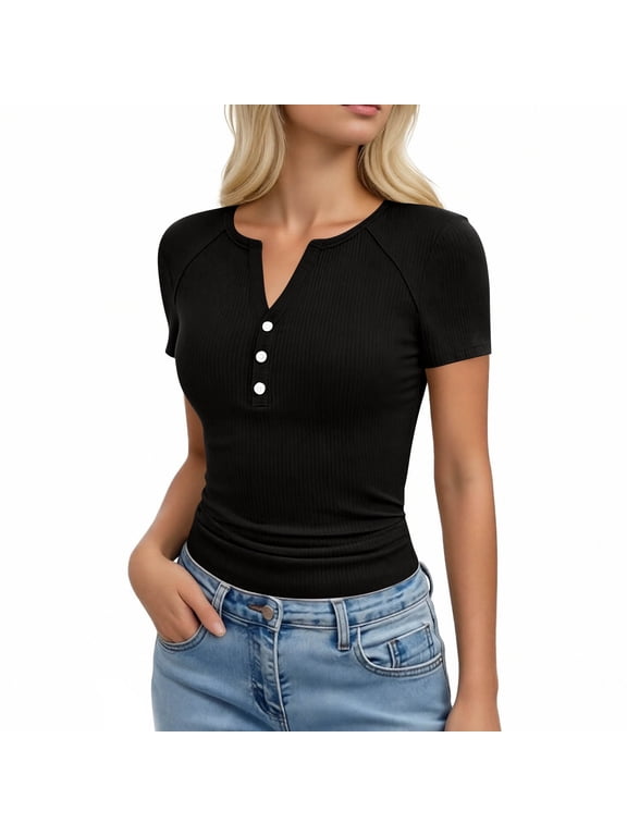 Women's Ribbed Henley T-Shirt, Short Sleeve V-Neck Button Down Fitted Top, Casual Slim Fit Tee for Everyday Wear Black XXL