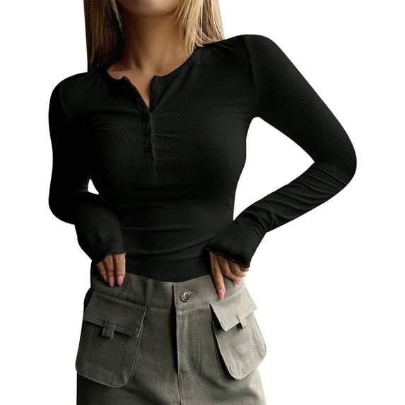 Women's Ribbed Henley Top Long Sleeve V Neck Button Down Slim Fit Essential Black XL