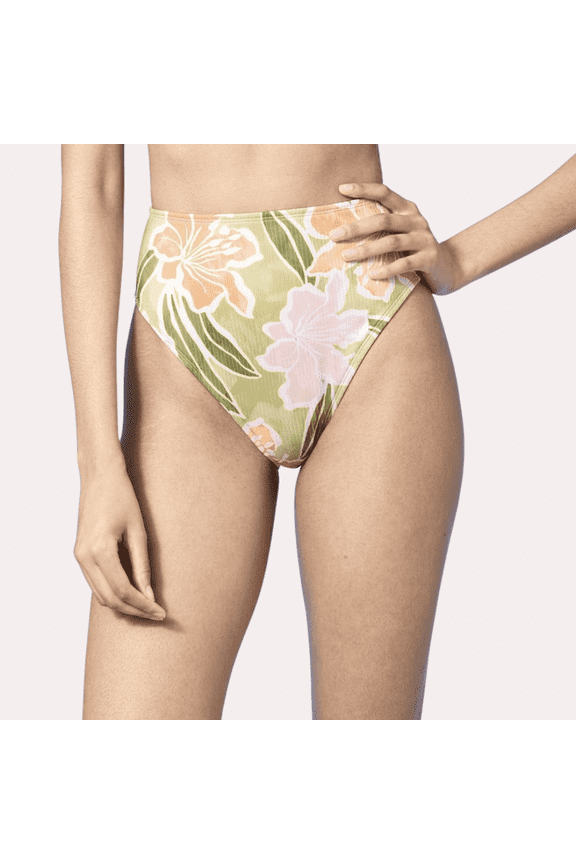Women's Ribbed High Waist High Leg Medium Coverage Bikini Bottom - Shade & Shore Lime Green Floral Print XS