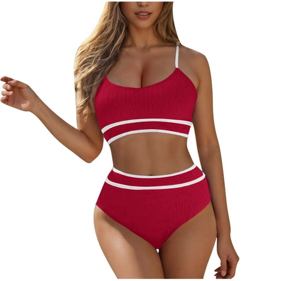 Women's Ribbed High Waisted Bikini Set - Color Block Sporty Swimsuit with Adjustable Straps & Tummy Control, High Cut Two Piece