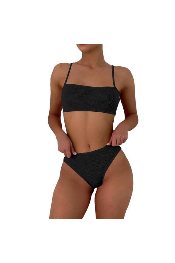 Women's Ribbed High Waisted Bikini Sets Scoop Neck Two Piece Swimsuits Spaghetti Strap Textured Bathing Suit Black