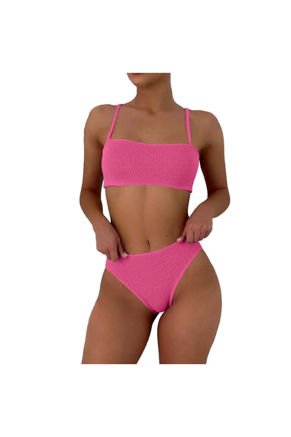 Women's Ribbed High Waisted Bikini Sets Scoop Neck Two Piece Swimsuits Spaghetti Strap Textured Bathing Suit Hot Pink