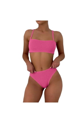 Women's Ribbed High Waisted Bikini Sets Scoop Neck Two Piece Swimsuits Spaghetti Strap Textured Bathing Suit Hot Pink