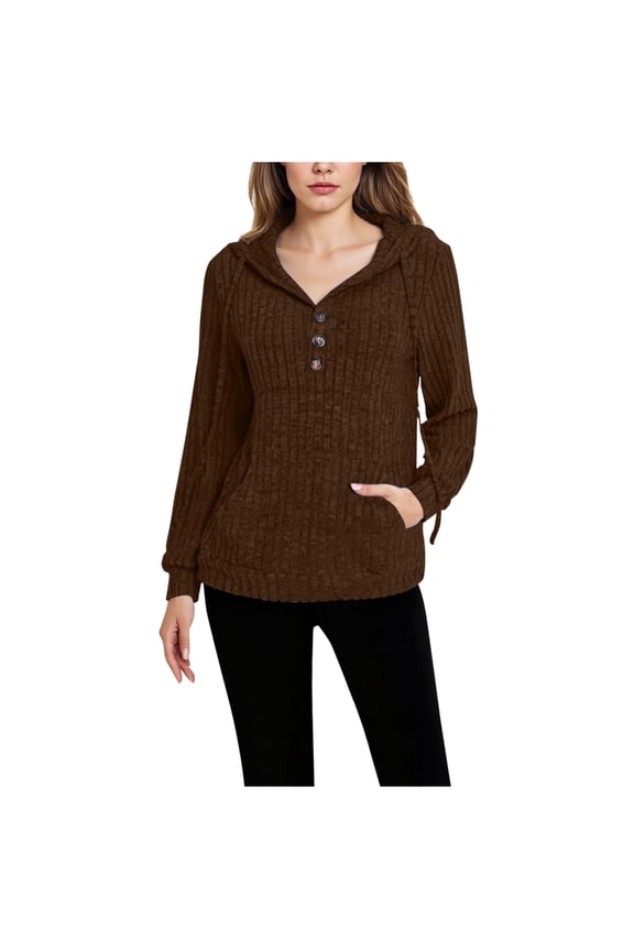 Women's Ribbed Hooded Shirt Lightweight Long Sleeve Button-Detail Pullover with Pockets Solid Color Casual Hoodie