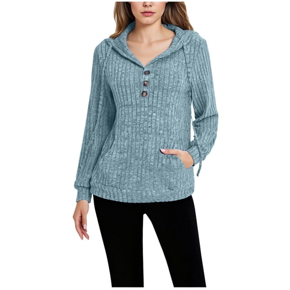 Women's Ribbed Hooded Shirt Lightweight Long Sleeve Button-Detail Pullover with Pockets Solid Color Casual Hoodie