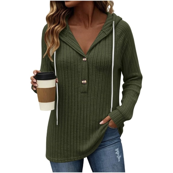 Women's Ribbed Hooded Sweater - Loose Buttoned Pullover Long Sleeve Sweatshirt - Lightweight Fall Daily Versatile Tops