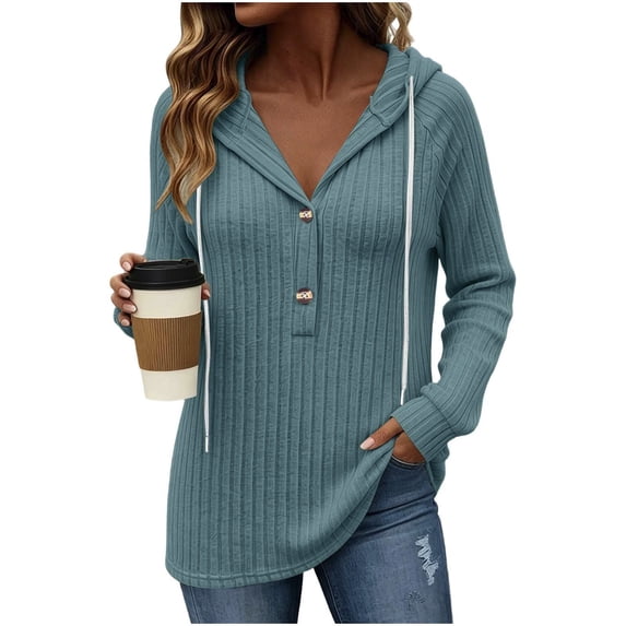 Women's Ribbed Hooded Sweater - Loose Buttoned Pullover Long Sleeve Sweatshirt - Lightweight Fall Daily Versatile Tops