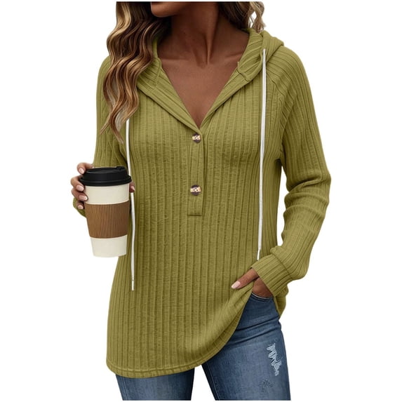 Women's Ribbed Hooded Sweater - Loose Buttoned Pullover Long Sleeve Sweatshirt - Lightweight Fall Daily Versatile Tops