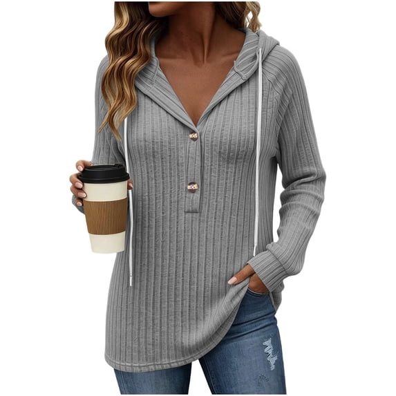 Women's Ribbed Hooded Sweater - Loose Buttoned Pullover Long Sleeve Sweatshirt - Lightweight Fall Daily Versatile Tops