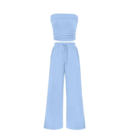 Women’s Ribbed Knit 2 Piece Lounge Set Strapless Crop Tube Top Wide Leg Pants Summer Casual Outfit